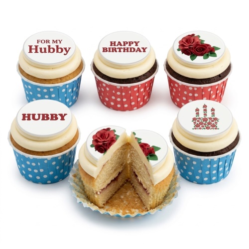 Six cupcakes with white frosting, red rose toppers, and 'Happy Birthday' and 'For My Hubby' messages.