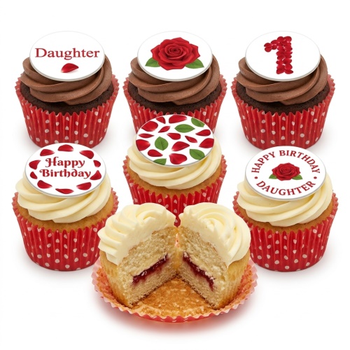 Selection of rose themed birthday cupcakes with red and white frosting, featuring edible rose and rose petal toppers, and a custom age topper.