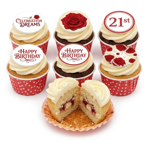 Set of red and white rose-themed birthday cupcakes with swirled buttercream and custom age topper.