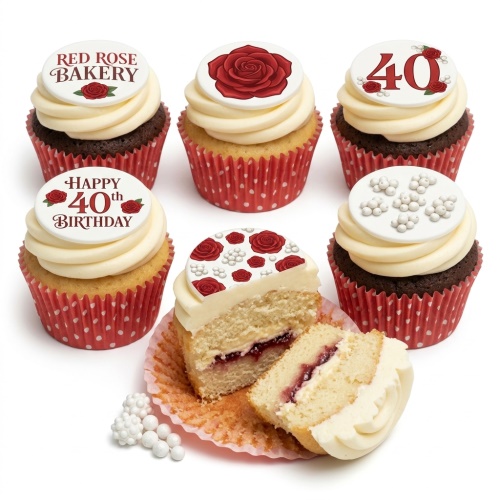 Six cupcakes with white icing, red rose and pearl toppers, some with custom age.
