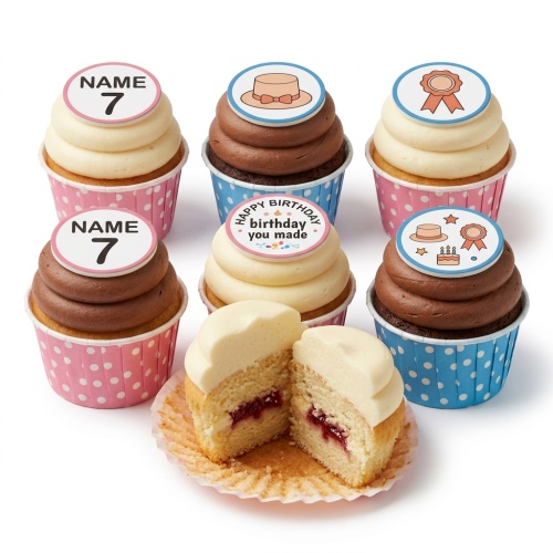 Assortment of birthday cupcakes with white and chocolate frosting, topped with custom age and name, hats, and ribbons.