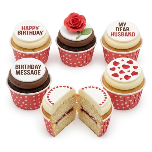 Six custom message birthday cupcakes with a red rose, hearts, and red polka dot cases.