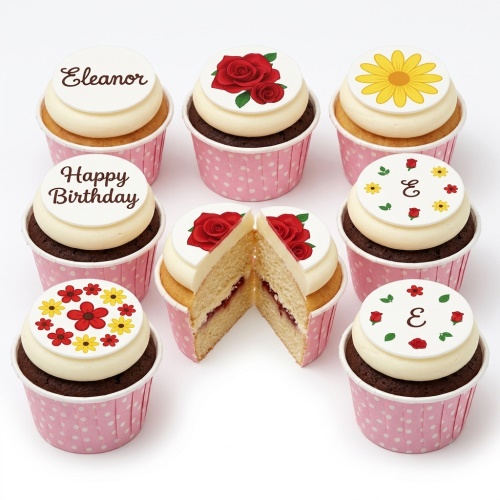 Floral birthday cupcakes with red rose, yellow daisy, and mixed flower toppers.