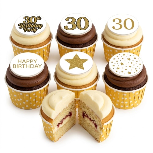 Vanilla and chocolate cupcakes with gold glitter star and custom age birthday toppers.