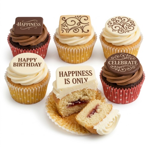 Assortment of elegant birthday cupcakes with chocolate and vanilla frosting, topped with custom message plaques and decorative biscuits.