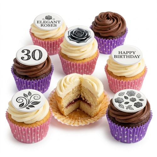Assortment of vanilla and chocolate cupcakes with white frosting, elegant rose toppers, and custom age/message examples.