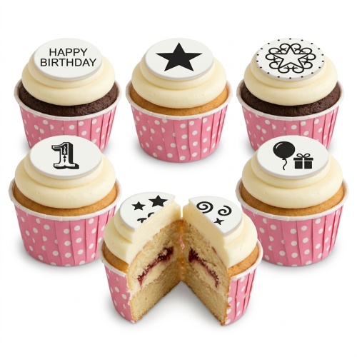 Six cupcakes in pink polka dot wrappers with white frosting and various white toppers including "Happy Birthday", a star, a "1", and a balloon with a gift.