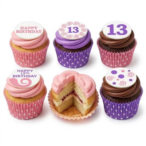 Pink and purple birthday cupcakes with custom age toppers and swirl, polka dot designs.