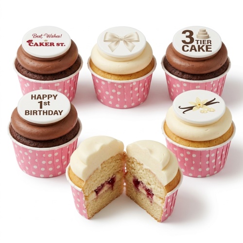 Pink polka dot cupcakes with white and chocolate icing, topped with elegant bows, vanilla pods, and "Happy 1st Birthday" message.