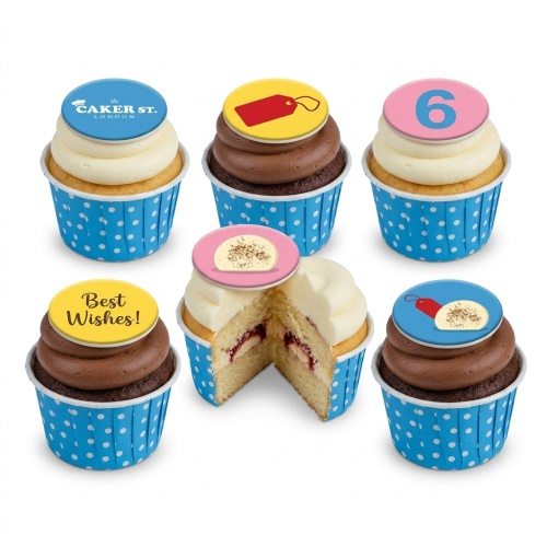 Cupcakes with blue polka dot wrappers and customisable toppers, including a number and a 'Best Wishes!' message.