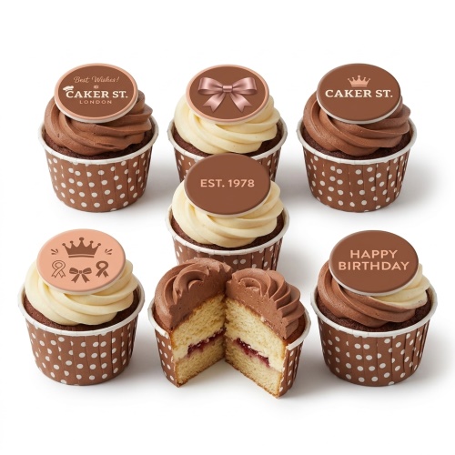 Elegant birthday cupcakes with chocolate and vanilla frosting, topped with bows, crowns, and "Happy Birthday" messages.