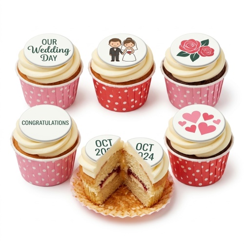 Six cupcakes with white frosting, some with wedding-themed toppers including a bride and groom, roses, hearts, and text.