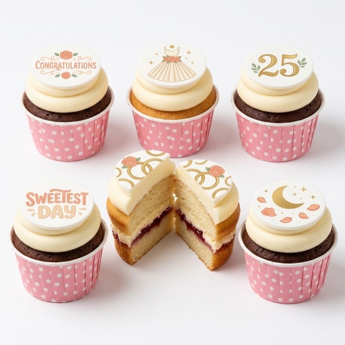 Selection of 25th anniversary themed cupcakes with wedding dress, rings, '25', 'Congratulations', 'Sweetest Day', and moon toppers in pink wrappers.