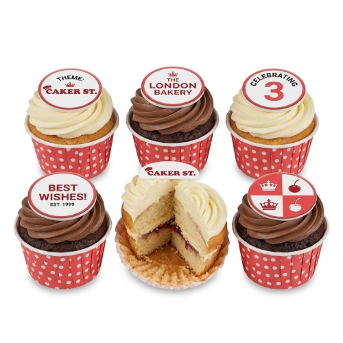 Six cupcakes with red and white polka dot wrappers, swirled frosting, and customisable edible number and message toppers.