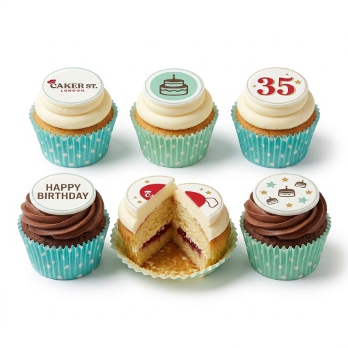 Assortment of birthday cupcakes with custom age '35', cake, and 'Happy Birthday' toppers on vanilla and chocolate bases.