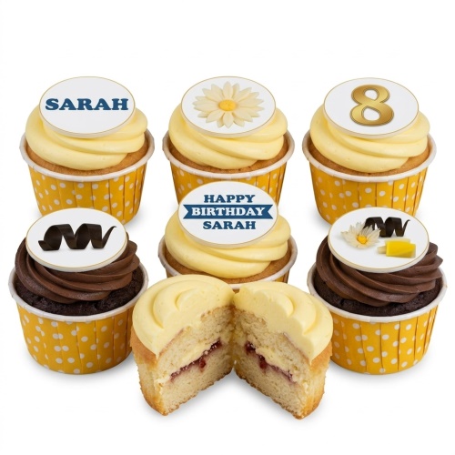 Birthday cupcakes with yellow and chocolate frosting, featuring custom name, custom age, and daisy toppers in yellow polka dot cases.