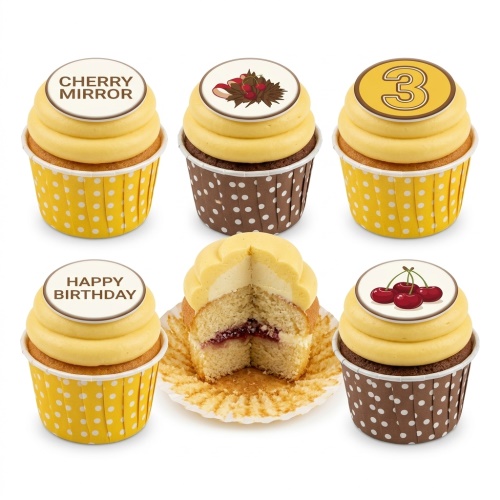 Assortment of birthday cupcakes with yellow frosting and custom edible toppers, including a number and 'Happy Birthday' message.