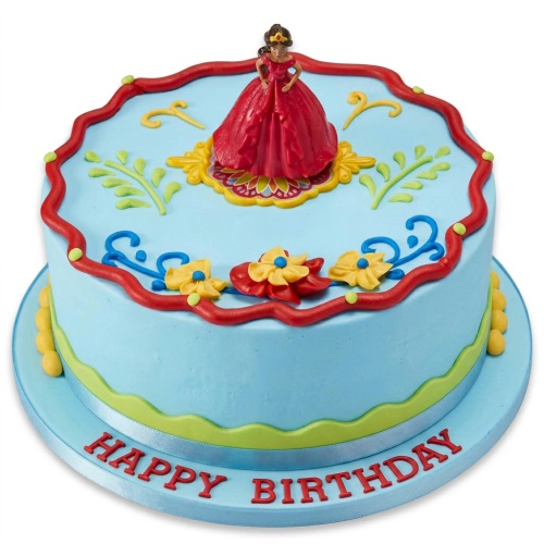 Round light blue Elena of Avalor princess birthday cake with red, yellow, and blue floral decorations.