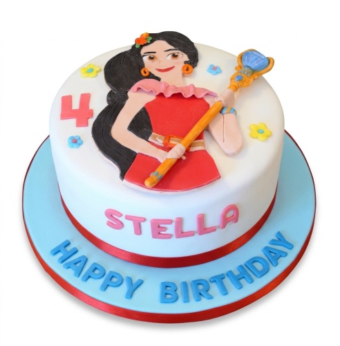 Round white princess birthday cake with a character in a red dress, custom age number, and personalised name.