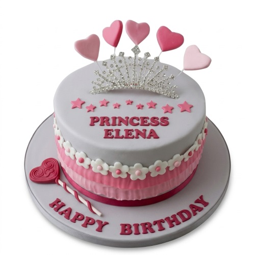 Round grey and pink princess birthday cake with tiara, hearts, stars, and flowers.