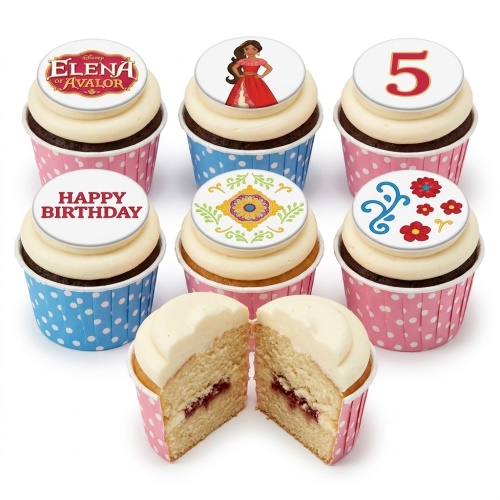 Elena of Avalor themed cupcakes with character, logo, floral designs, and custom age/message toppers.