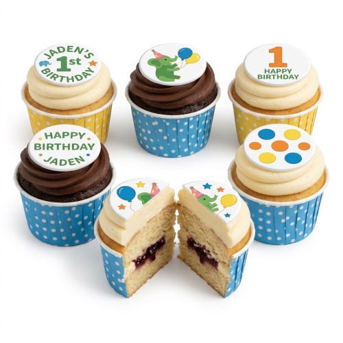 Set of elephant themed 1st birthday cupcakes for boys with blue and yellow cases and custom age toppers.