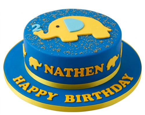 Blue elephant birthday cake with yellow elephant, gold sprinkles, and custom age topper.
