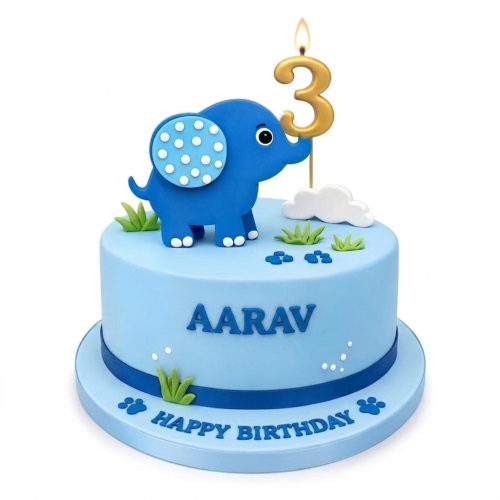Blue elephant birthday cake with a gold number candle and personalised name.