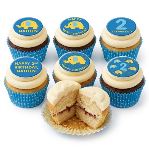 Blue and yellow elephant birthday cupcakes with custom age and name toppers.