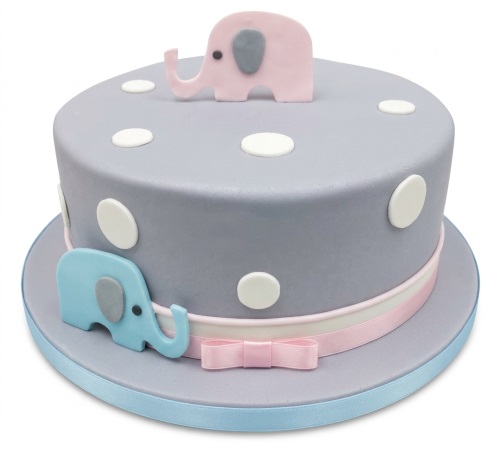 Grey fondant cake with pink and blue elephant cutouts, white polka dots, and pink ribbon.