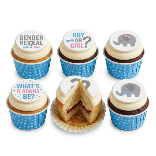 Gender reveal cupcakes with 'Boy or Girl?' and elephant toppers, one cut open revealing pink filling.