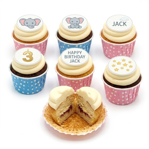 Cupcakes with elephant and star toppers, featuring custom age and personalised birthday messages, in pink and blue wrappers.