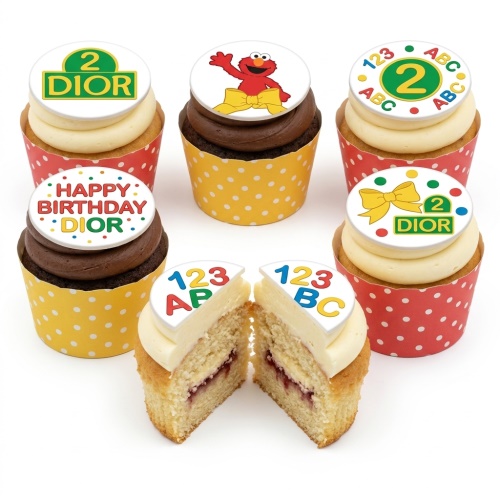 A set of Elmo, ABC, and number-themed birthday cupcakes with custom age and message toppers.