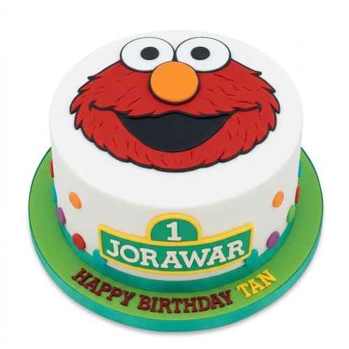 Round white Elmo character birthday cake with a custom age plaque and colourful polka dots.