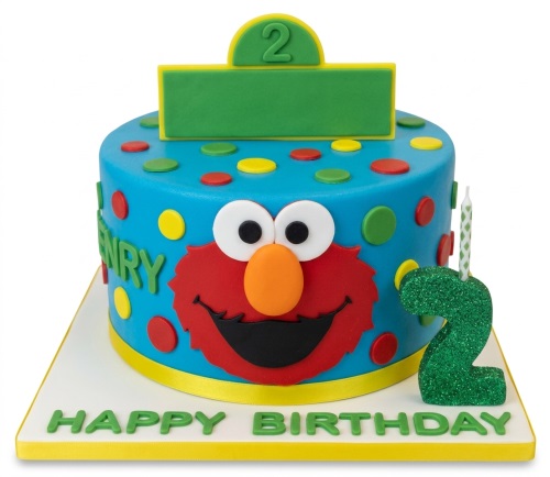 Bright blue Elmo theme birthday cake with colourful polka dots and custom age topper.