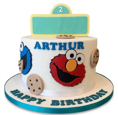 White round birthday cake with Elmo, Cookie Monster, cookies, and a custom age topper.