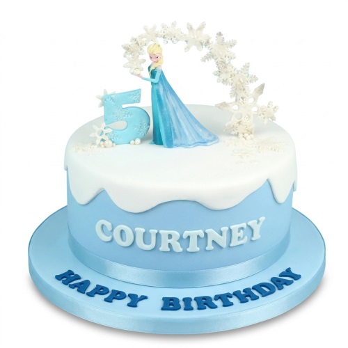 Round blue and white Frozen Elsa birthday cake with a number topper, snowflake decorations, and a personalised name.