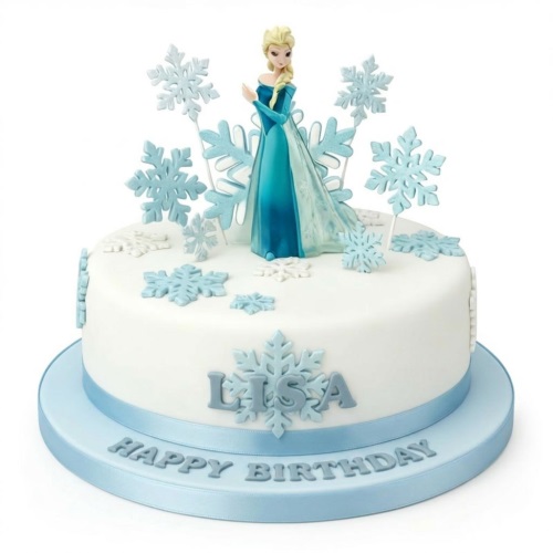 White round cake with Elsa figurine and blue snowflakes, featuring a light blue ribbon.