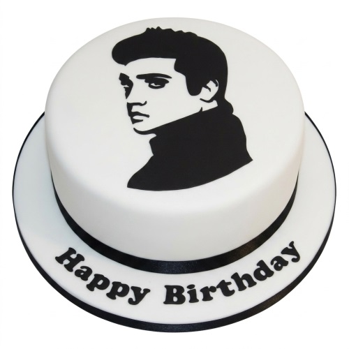 White round birthday cake with a black Elvis Presley silhouette and "Happy Birthday" message.