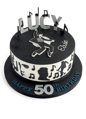 Round black and white Elvis Presley music theme birthday cake with custom age and name topper.