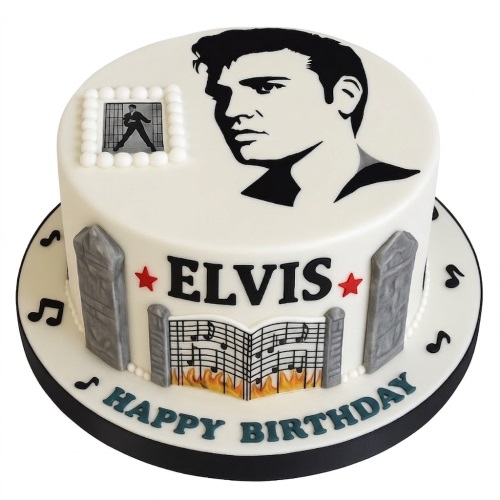 White round cake with black Elvis Presley silhouette, 'ELVIS' text, musical notes, and burning music sheet design.