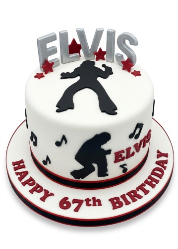 White round cake with black Elvis silhouettes, red stars, musical notes, and silver ELVIS topper.