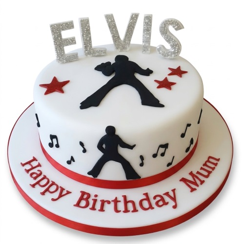 White round cake with black Elvis silhouettes, red stars, musical notes, and a silver 'ELVIS' topper.
