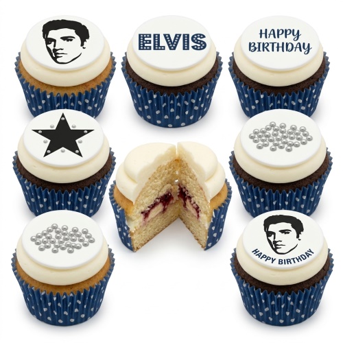 Cupcakes with Elvis Presley's face, 'ELVIS' text, 'Happy Birthday', stars, and silver pearls