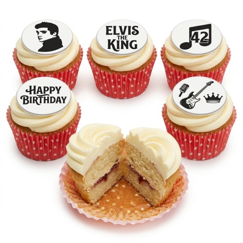 Elvis Presley themed birthday cupcakes with custom age and music decorations.