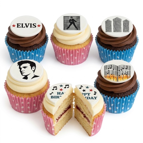 Elvis Presley themed birthday cupcakes with various edible toppers including logo, silhouette, portrait, and music notes.