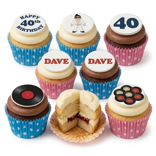 Assortment of cupcakes with Elvis character and vinyl record toppers, in blue and pink polka dot wrappers.