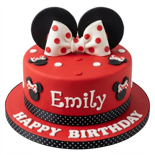 Red Minnie Mouse birthday cake with black ears, polka dot bow, and personalised message.