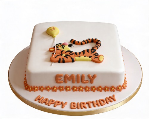 White square cake with 3D Tigger figure, yellow balloon with custom age, and personalised name.