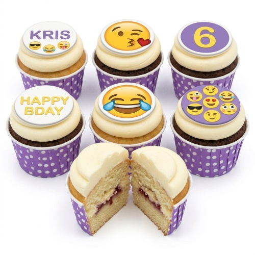 Assortment of emoji themed birthday cupcakes with white frosting and purple polka dot wrappers, including custom age and message toppers.